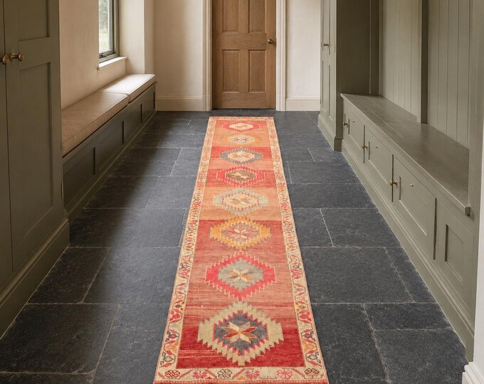 3x12 Vintage Turkish Runner Rug, Terracotta Rust Geometric, Hand-Knotted Wool Anatolian