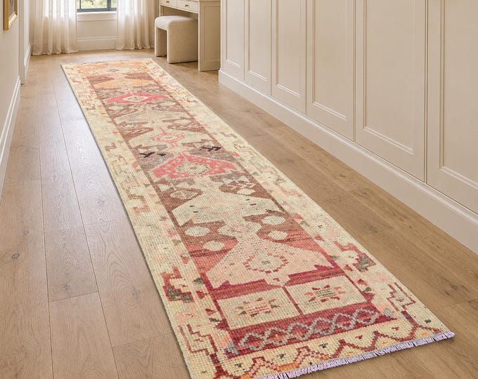 Vintage Turkish Wool Runner, Handmade Beige Rust Tribal Hallway Rug, Anatolian 2x9 Ft