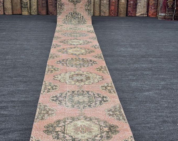 3x24 Vintage Turkish Oushak Runner Rug, Extra Long Handmade Wool Blush Pink Hallway Carpet