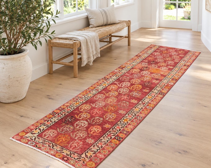 3x11 Vintage Turkish Oushak Wool Runner Rug, Red Orange Geometric Hallway Design