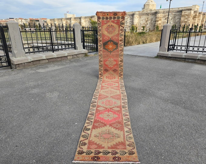 2x13 Vintage Turkish Runner Rug, Faded Pink Coral Handmade Wool Anatolian Hallway Rug