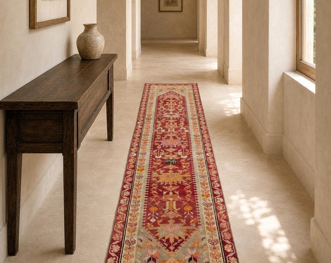 Vintage Turkish Oushak Runner Rug, Hand-Knotted Wool Floral Hallway Carpet (3x10)