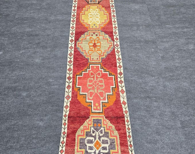 2x11 Vintage Turkish Oushak Wool Runner Rug, Red Geometric Tribal Hallway Carpet