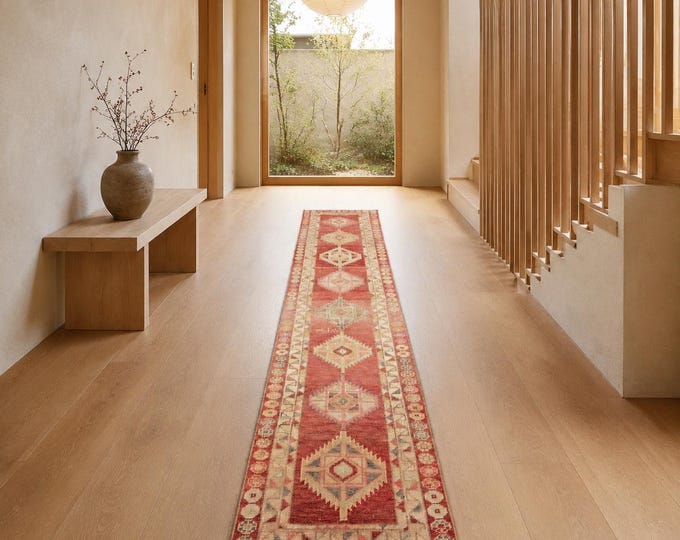 3x12 Vintage Turkish Runner Rug, Faded Rust Red Oushak, Hand-Knotted Wool Anatolian