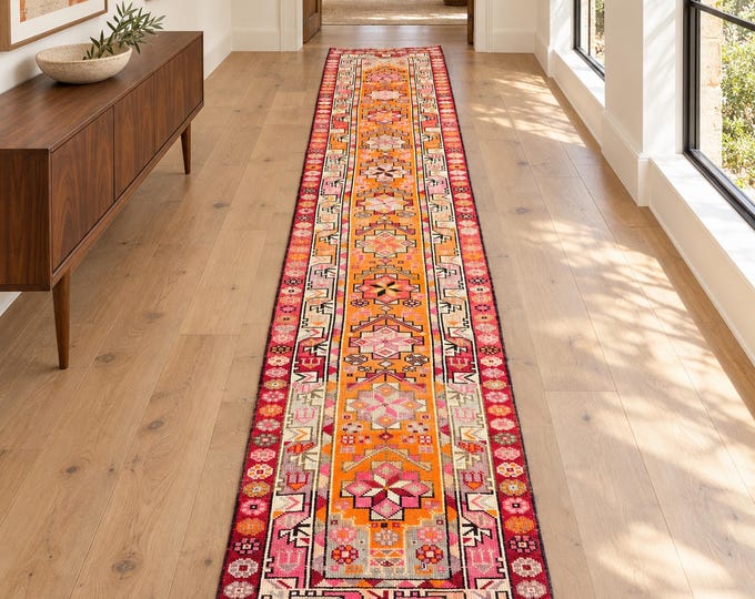 3x14 Vintage Turkish Herki Wool Runner Rug, Orange Pink Geometric Design (2'7" x 14'4")