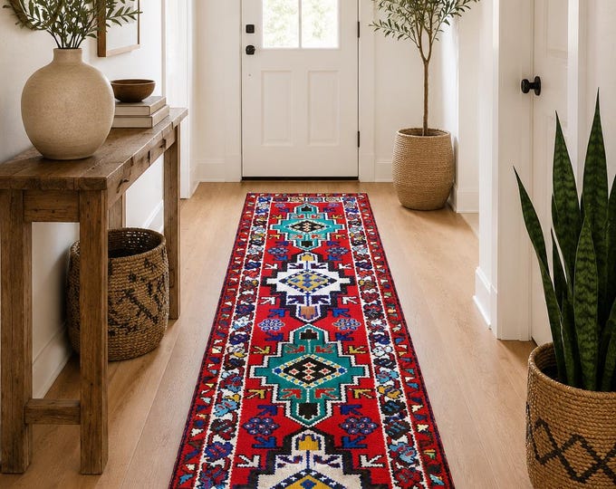 3x8 Vintage Turkish Runner Rug, Herki Wool Tribal Red and Blue Hallway Carpet