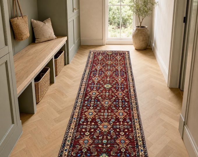 3x10 Vintage Turkish Runner Rug, Burgundy Handmade Wool Tribal Geometric Hallway Carpet