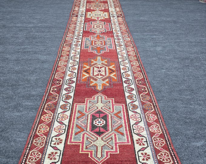 3x13 Vintage Turkish Wool Runner, Red Geometric Anatolian Hallway Rug, Handwoven Narrow Carpet