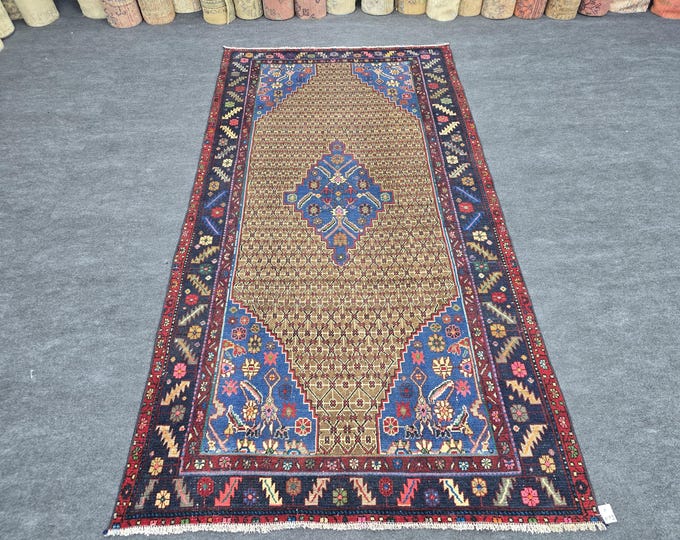 5x9 Vintage Turkish Wool Rug, Brown Blue Geometric Anatolian Area Rug, Hand Knotted Carpet