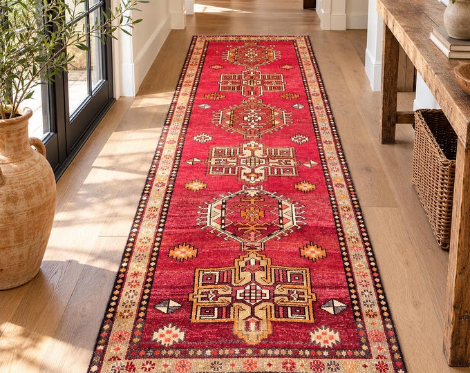 4x10 Vintage Turkish Runner Rug, Burgundy Red Geometric Wool Hallway Rug, Anatolian Tribal Medallion