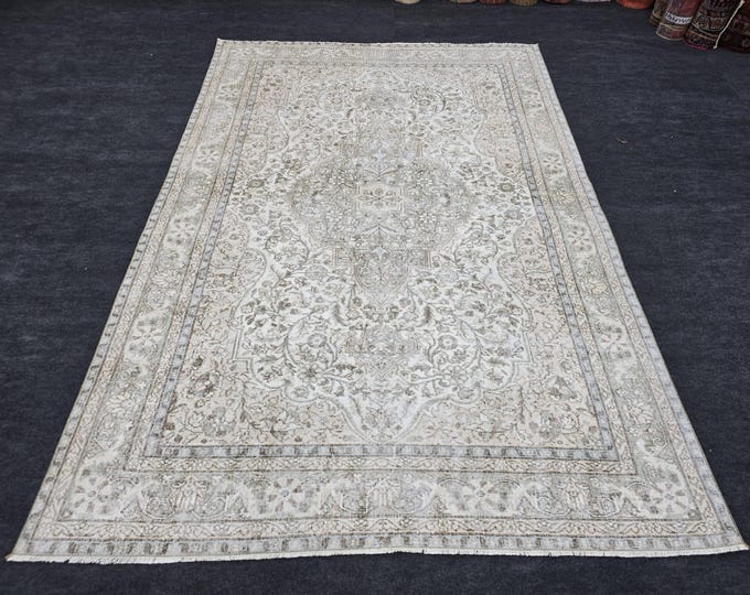7x10 Vintage Turkish Oushak Area Rug, Handmade Wool Neutral Beige Floral Living Room Rug
