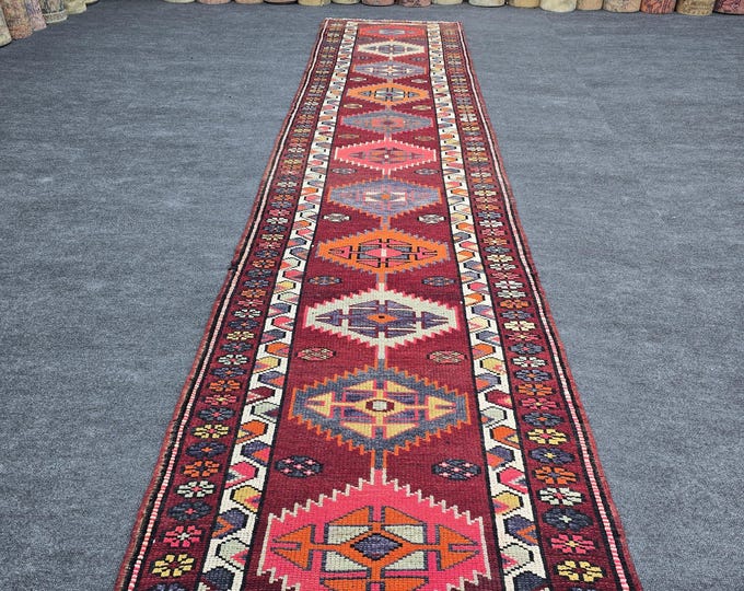 3x13 Vintage Turkish Oushak Wool Runner Rug, Burgundy Geometric Hallway (2'10" x 12'7")