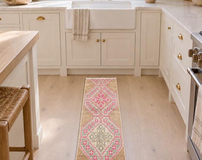 1x3 Vintage Turkish Oushak Rug, Handmade Wool Pastel Pink Beige Small Entryway Accent Rug