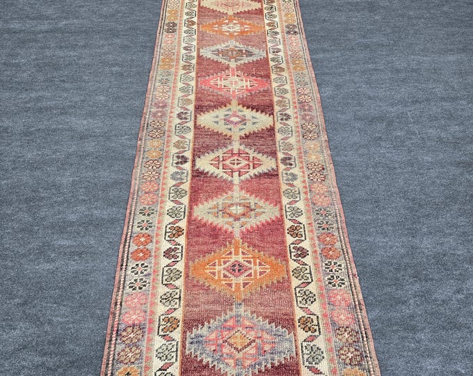 3x13 Vintage Turkish Herki Rug, Handwoven Wool Hallway Runner, Terracotta Geometric Anatolian Decor
