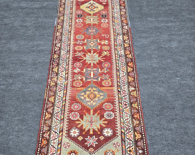 3x11 Vintage Turkish Runner Rug, Handmade Wool Anatolian Tribal Hallway Carpet