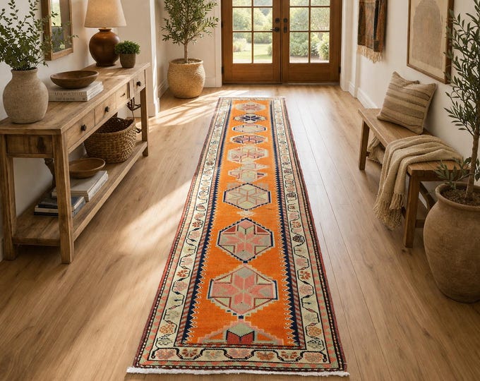 3x12 Vintage Turkish Oushak Runner Rug, Handmade Wool Orange Geometric Hallway Rug Home Decor