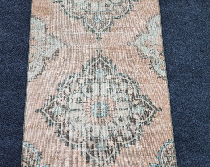 3x23 Vintage Turkish Oushak Wool Extra Long Runner Rug, Beige Blue Floral Hallway Design