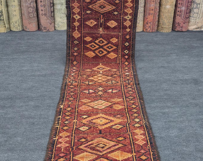 3x10 Vintage Turkish Wool Runner, Rust Orange Tribal Hallway Carpet, Handmade Anatolian Rug