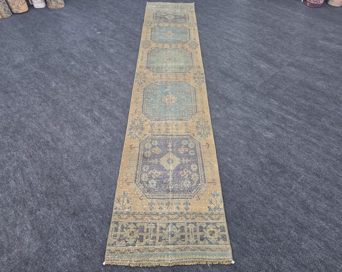 1. 2x12 Vintage Turkish Wool Runner Rug, Faded Yellow Blue Anatolian Floral, 2'5" x 12'2"