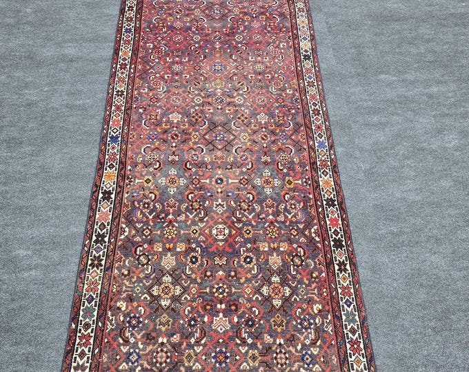 4x11 Vintage Turkish Runner Rug, Handmade Wool Oriental Geometric Hallway Carpet (3'5" × 10'8")