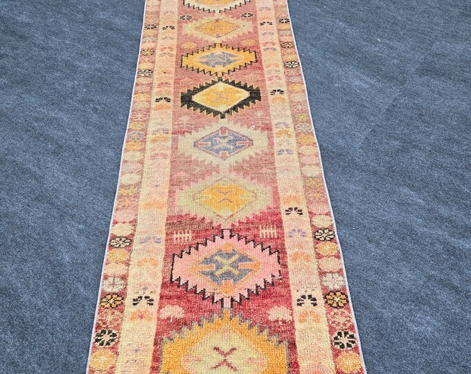 2x9 Vintage Turkish Runner Rug, Rust Orange Pink Geometric Hallway Rug, Boho Decor