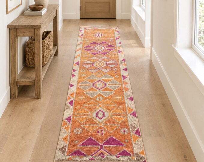 3x12 Vintage Heriz Style Runner Rug, Burnt Orange Pink Geometric Tribal Hallway Carpet, Handmade