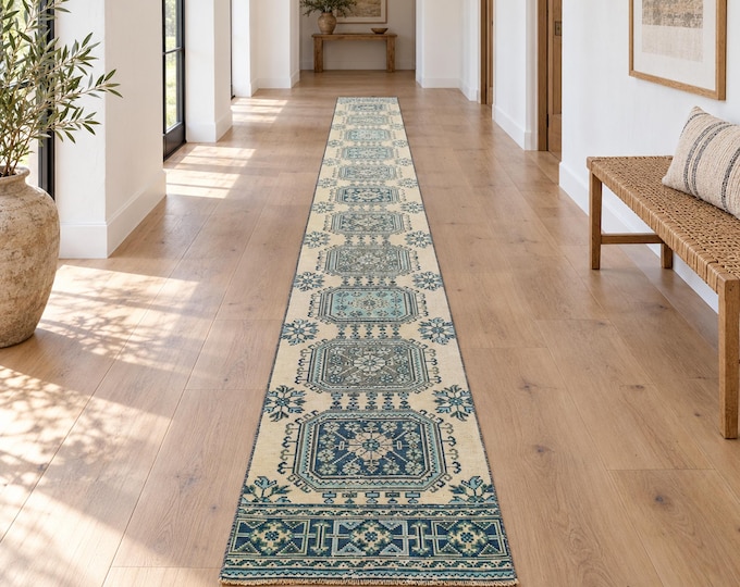 3x22 Vintage Turkish Runner Rug, Yellow Blue Wool Extra Long Anatolian Hallway Runner