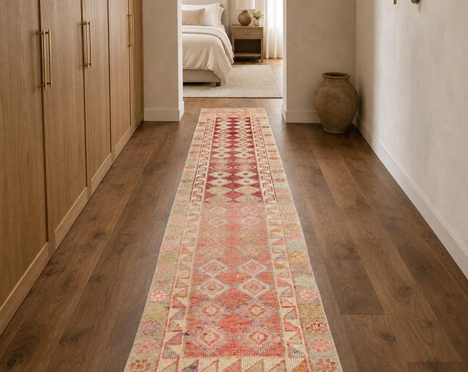 3x13 Vintage Turkish Oushak Runner Rug, Faded Terracotta Pink, Hand-Knotted Wool Anatolian