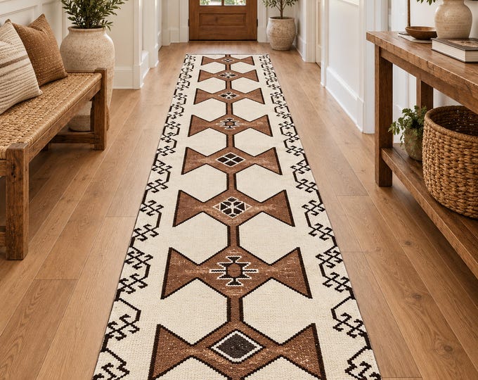 Vintage Moroccan Style Runner Rug 3x10, Hand Knotted Brown Ivory Geometric Wool Rug