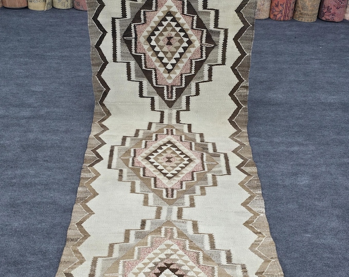 3x9 Vintage Turkish Kilim Runner Rug, Handmade Wool Neutral Flatweave Hallway Carpet