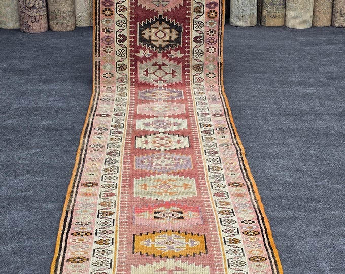 3x12 Vintage Turkish Wool Runner Rug, Blush Pink Geometric Hallway Rug (2'9" x 11'11")