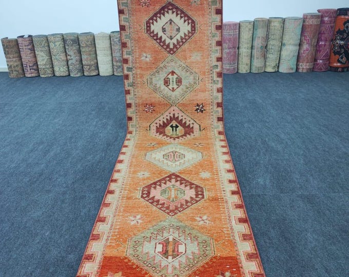 3x11 Vintage Turkish Runner Rug, Faded Orange Geometric Anatolian Wool Hallway Carpet