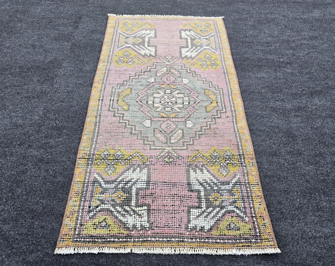 2x3 Vintage Turkish Oushak Rug, Handmade Wool Dusty Pink Small Entryway Rug