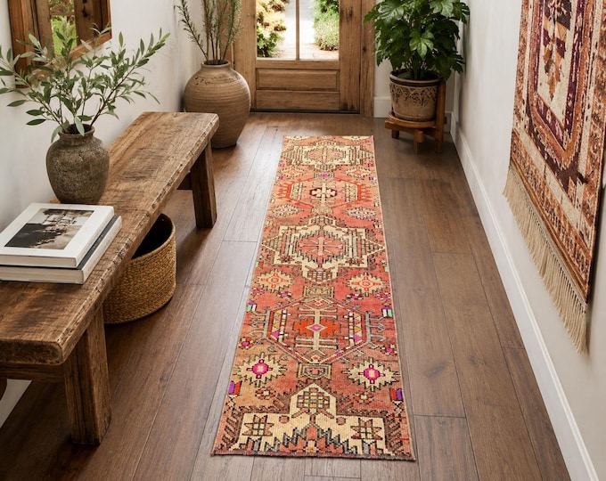 2x8 Vintage Turkish Oushak Runner Rug, Handmade Wool Anatolian Tribal Hallway Carpet