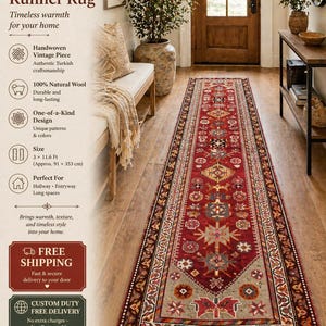 Vintage Turkish Runner Rug 3x11 | Long Hallway Runner | Handmade Wool Rug | Kitchen Runner | Narrow Corridor Rug