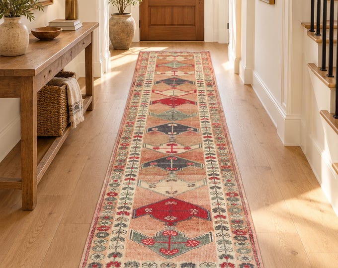 Vintage Terracotta Turkish Runner Rug 3x11, Handmade Muted Wool Hallway Carpet Decor