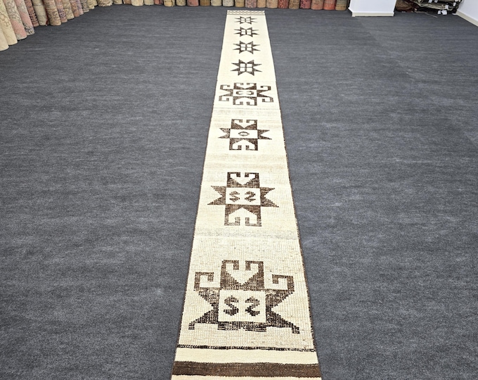 2x21 Vintage Turkish Oushak Runner Rug, Handmade Wool Extra Long Hallway Carpet