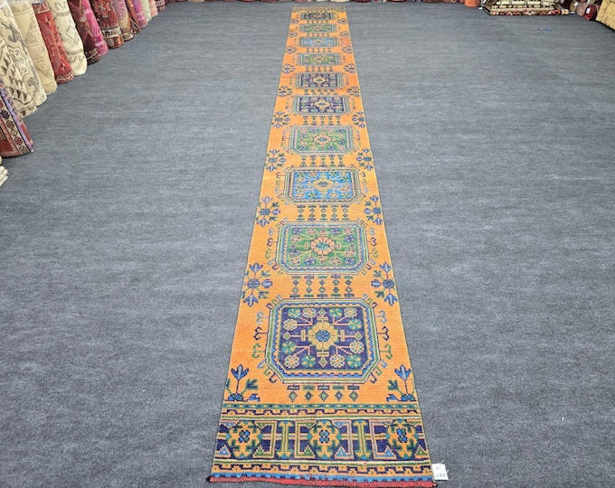 3x25 Vintage Turkish Oushak Runner Rug, Orange Blue Extra Long Wool Hallway Rug