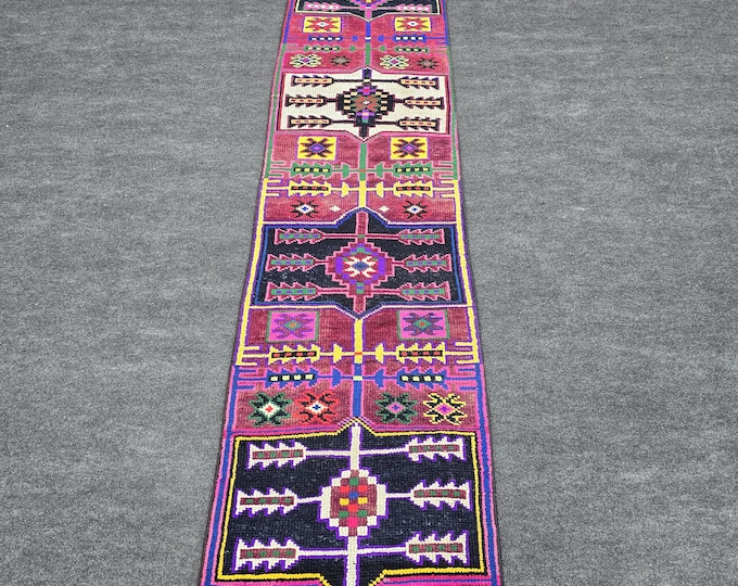 2x12 Vintage Turkish Herki Runner Rug, Handmade Wool Colorful Tribal Hallway Rug, 2' x 11'11"