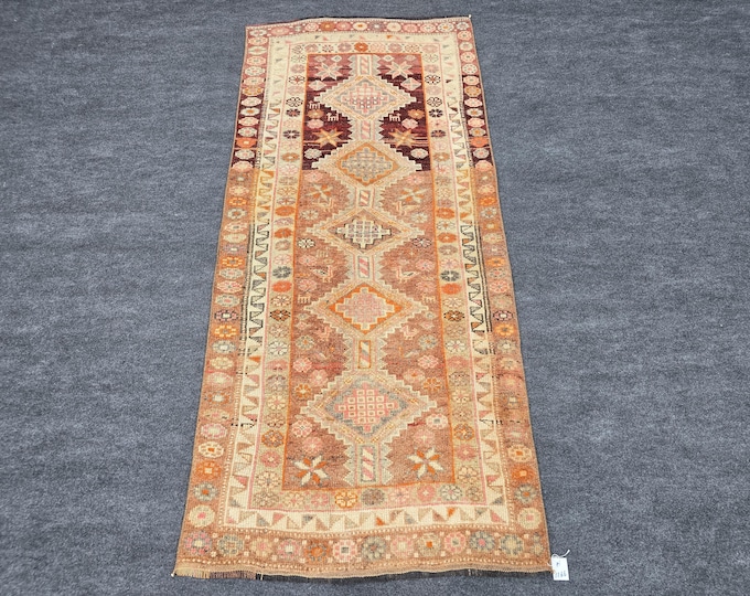 3x7 Vintage Turkish Rug, Brown Pink Wool Hallway Runner, Geometric Medallion Design