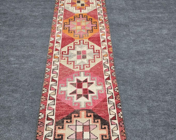 3x11 Vintage Turkish Oushak Runner Rug, Pink Handmade Wool Geometric Anatolian Hallway Runner