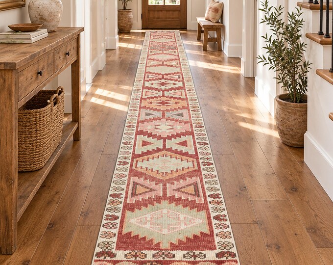 Vintage Turkish Runner Rug 2x14 ft, Extra Long Hallway, Red Sage Pink Tribal Wool