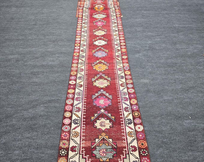 3x22 Vintage Turkish Oushak Runner Rug, Extra Long Red Handmade Wool Anatolian Hallway Runner