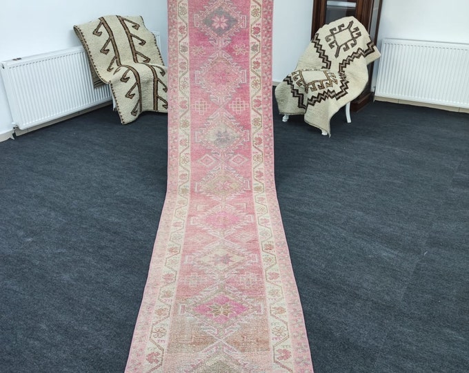 3x13 Vintage Turkish Wool Runner Rug, Faded Red Pink Geometric Hallway Carpet