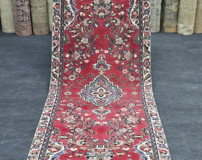 3x9 Vintage Turkish Oushak Runner Rug, Handmade Wool Coral Red Floral Hallway Carpet