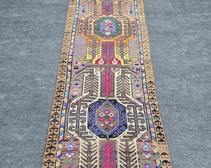 3x11 Vintage Turkish Oushak Runner Rug, Handmade Wool Brown Tribal Geometric Hallway Carpet