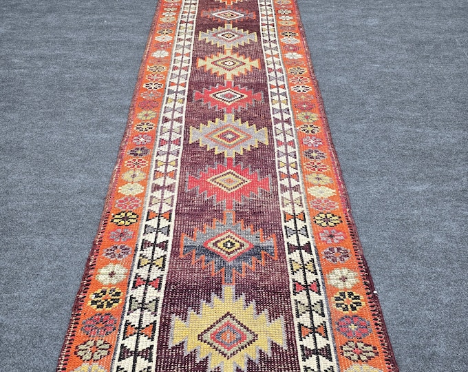 3x13 Vintage Turkish Wool Runner Rug, Burgundy Geometric Hallway Carpet (2'10" x 12'9")