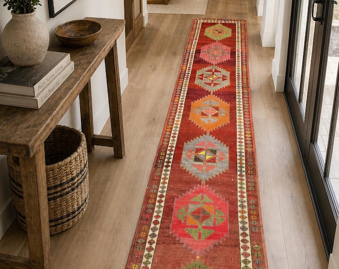 3x14 Vintage Turkish Runner Rug, Terracotta Wool Geometric Anatolian Hallway Carpet