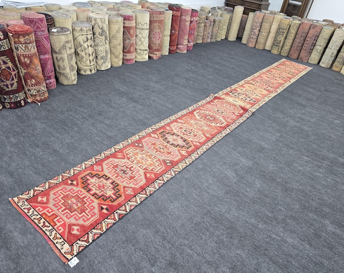 19 Foot Vintage Turkish Wool Runner, 2x19 Extra Long Hallway Rug, Hand Knotted Carpet
