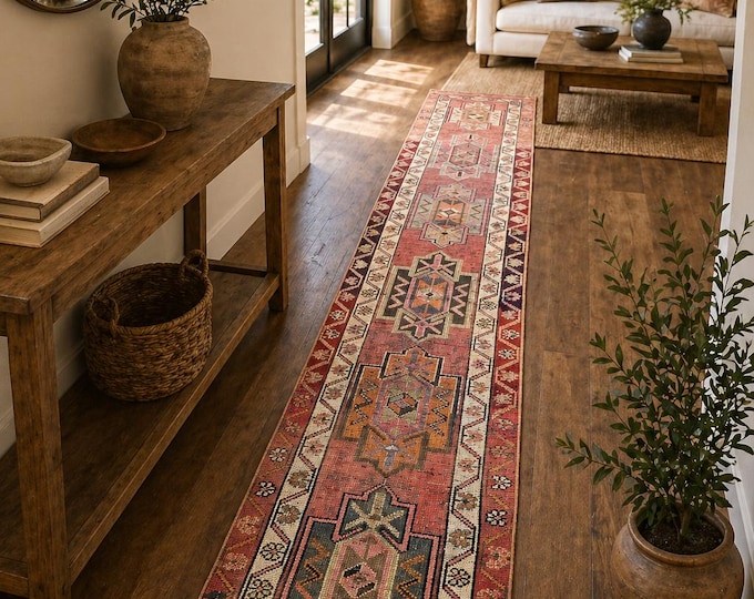 3x15 Vintage Turkish Runner Rug, Terracotta Wool Anatolian Tribal Long Hallway Carpet